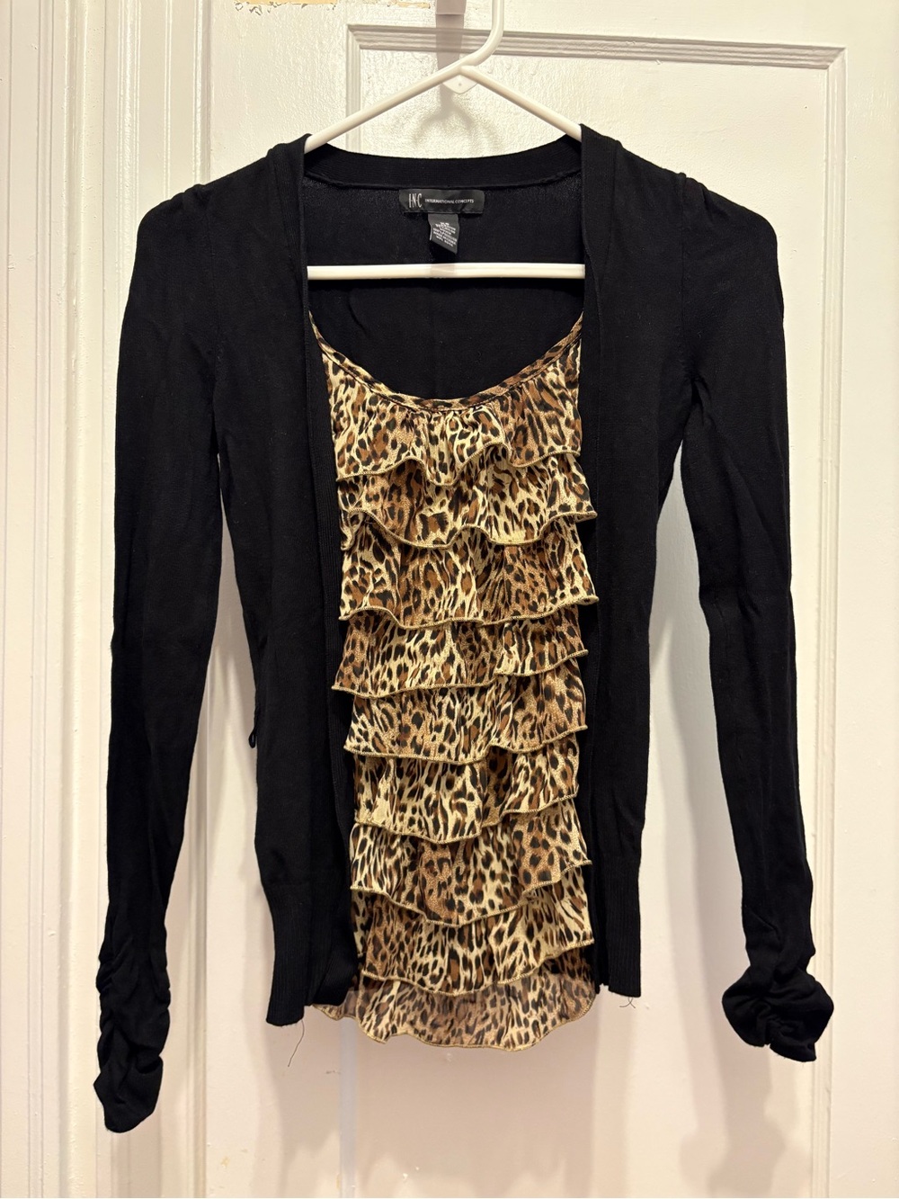 INC International Concepts Black Cardigan with Leopard Ruffle Tank